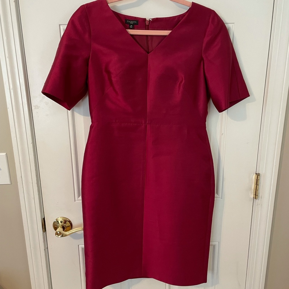 Talbots textured, tailored burgundy dress.